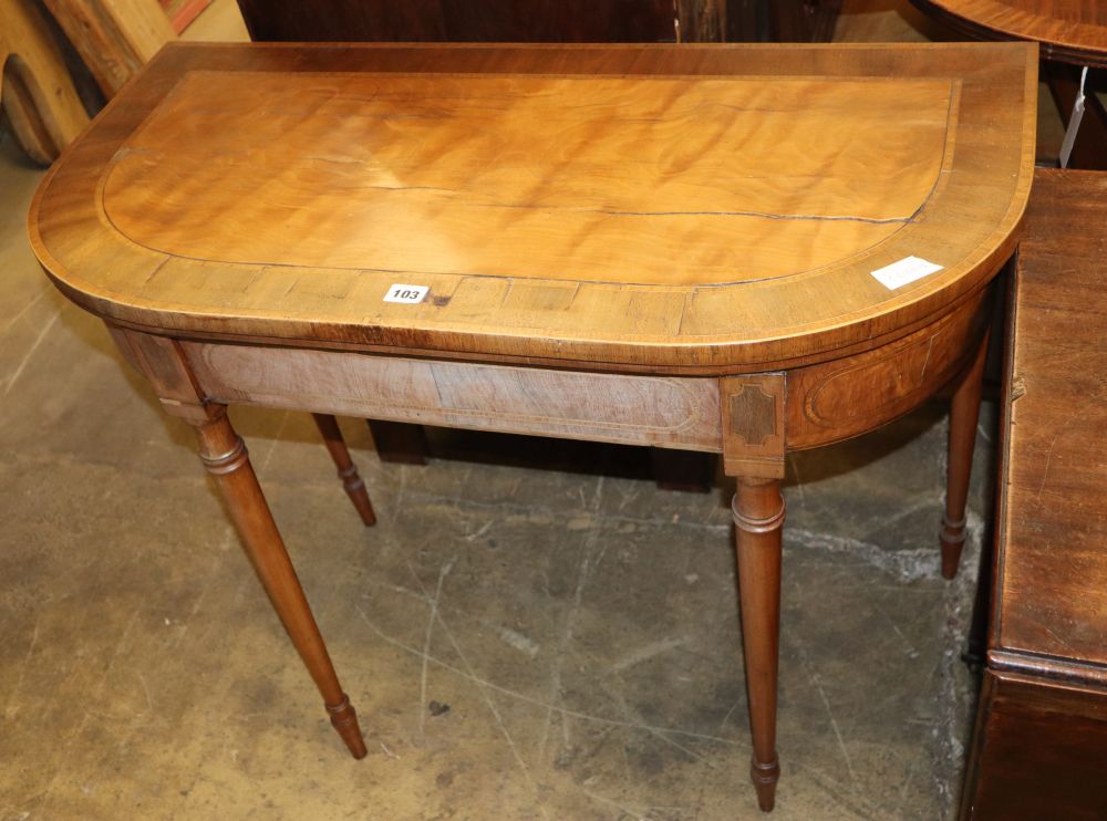 A George III banded satinwood folding card table, W.92cm, D.46cm, H.74cm